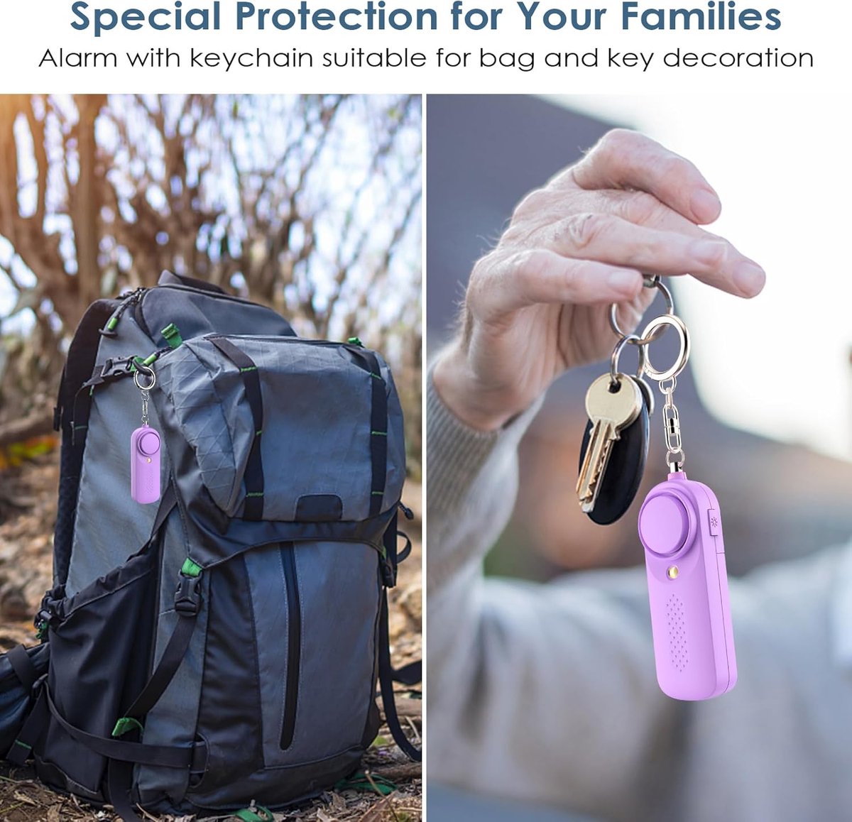 Personal Alarm - 130 dB - Security Siren - Self-Defense Siren - With LED Light-Up Keyring - For Children, Women, Students and Seniors (Purple) - Image 4