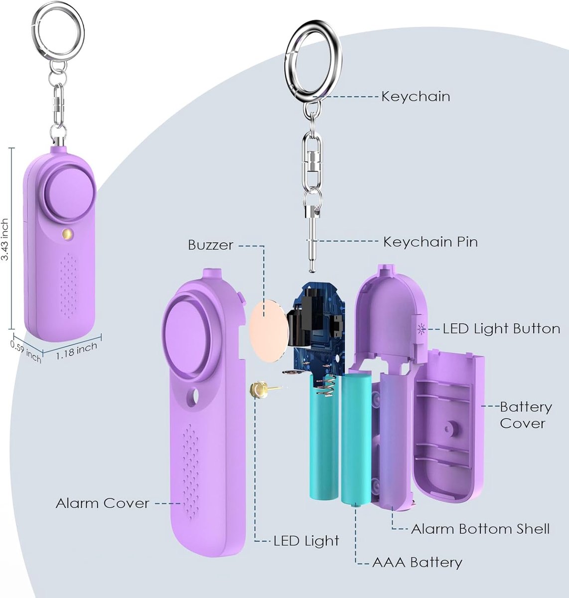 Personal Alarm - 130 dB - Security Siren - Self-Defense Siren - With LED Light-Up Keyring - For Children, Women, Students and Seniors (Purple) - Image 5