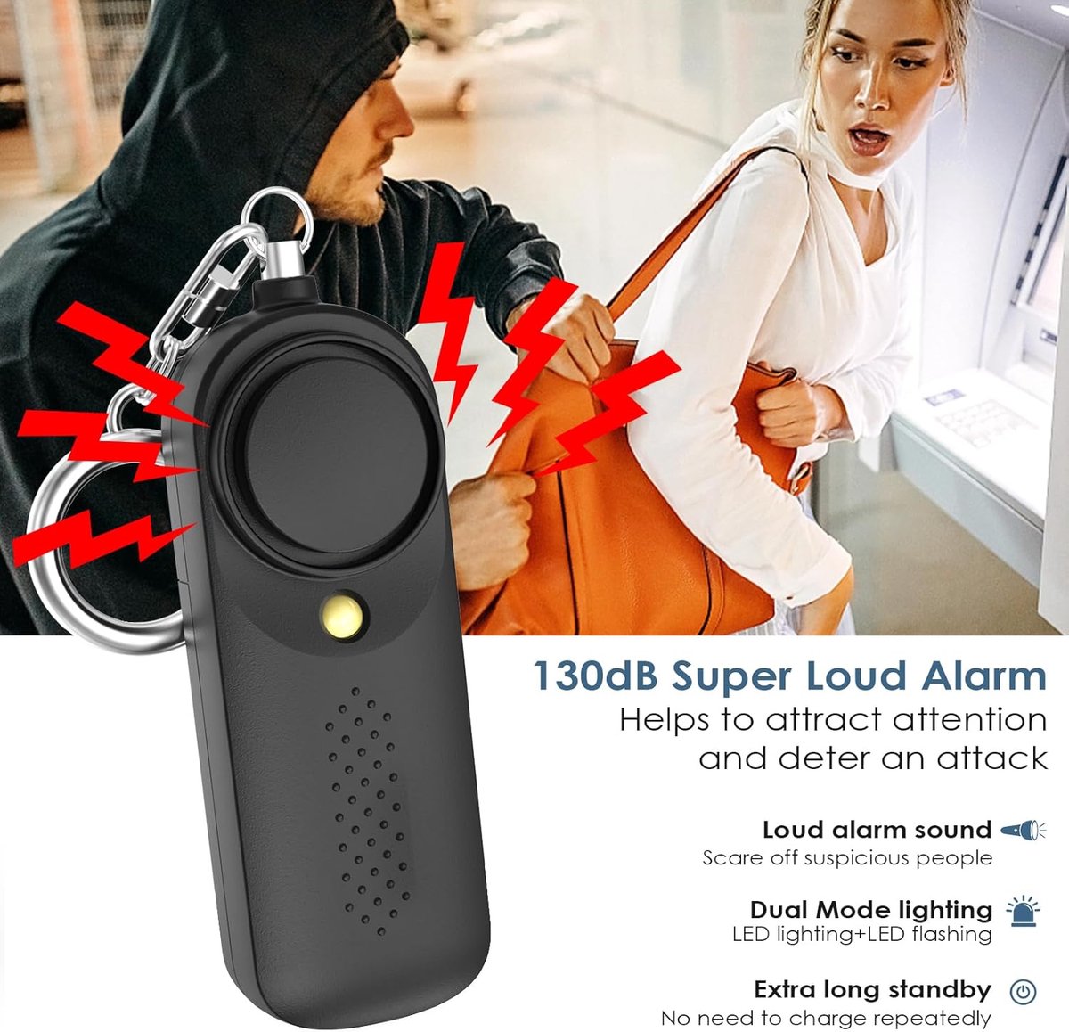Personal Alarm - 130 dB - Security Siren - Self-Defense Siren - With LED Light-Up Keyring - For Children, Women, Students and Seniors (Black) - Image 4