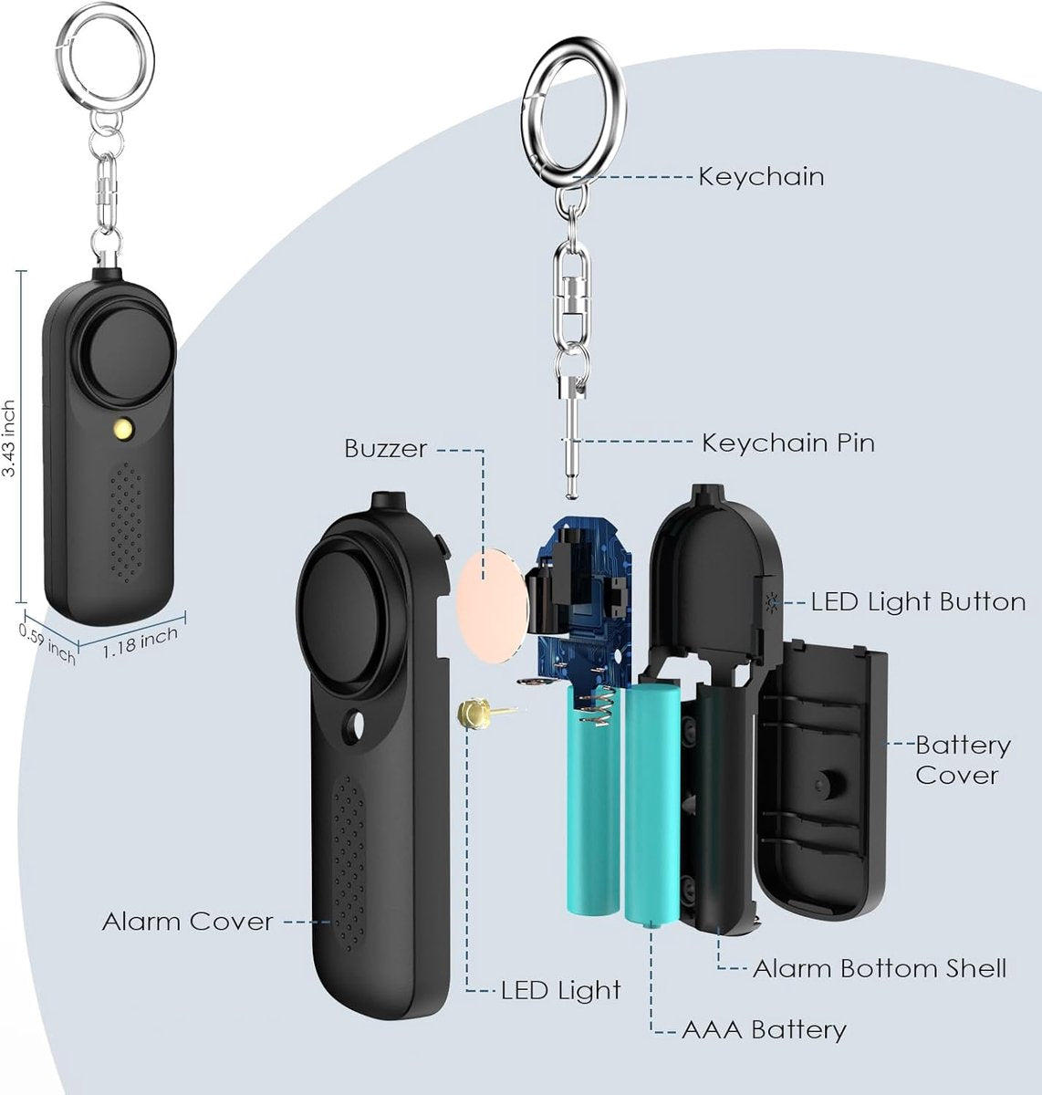 Personal Alarm - 130 dB - Security Siren - Self-Defense Siren - With LED Light-Up Keyring - For Children, Women, Students and Seniors (Black) - Image 5