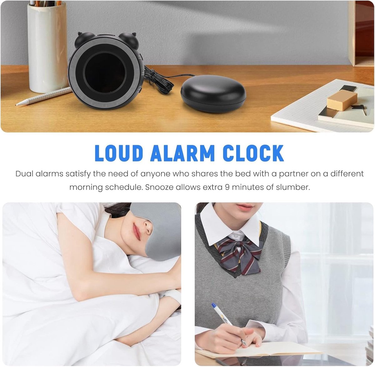 Wekker - digital alarm clock - digital alarm clocks - children's alarm clock - alarm clocks - children's alarm clock - Dual alarm clock - With bed vibrator - Vibrating alarm clock for deep sleepers or the hearing impaired - USB charging port - Image 5