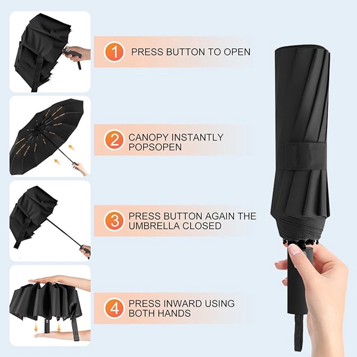 Folding umbrella, safety umbrella, windproof, pocket umbrella, automatic open and close, 105 cm, golf umbrella, 12 reinforced fiberglass ribs, 210T nylon umbrella, travel umbrella with UV protection - Image 6