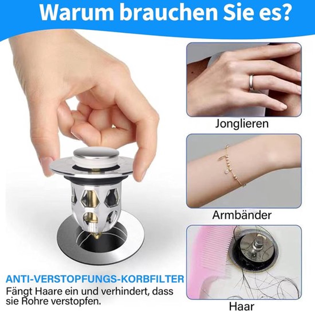 Pop-on sink drain plug - Drain stopper - Drain strainer - Hair catcher - Sink - Drain plugs - Sinks - Bathroom/Kitchen - Hair - Chrome - For 34-40 mm - Image 2