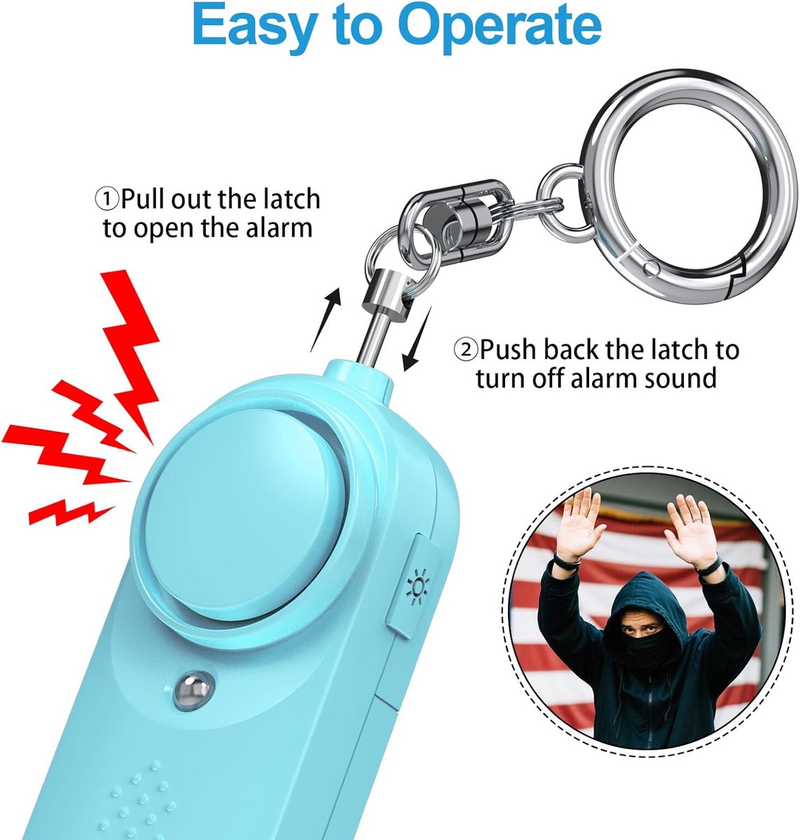 Pack of 2 personal alarms - Keychain - SOS button - 130 dB emergency signal - Personal safety alarm - Keychain with LED light for children, women and the elderly (black + blue) - Image 2