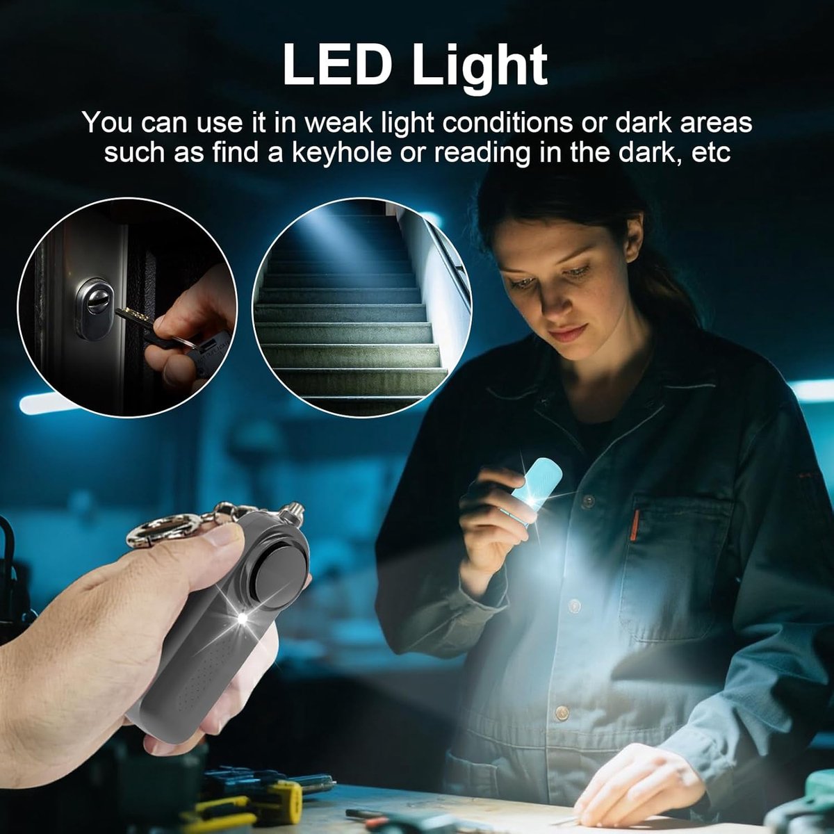 Pack of 2 personal alarms - Keychain - SOS button - 130 dB emergency signal - Personal safety alarm - Keychain with LED light for children, women and the elderly (black + blue) - Image 3