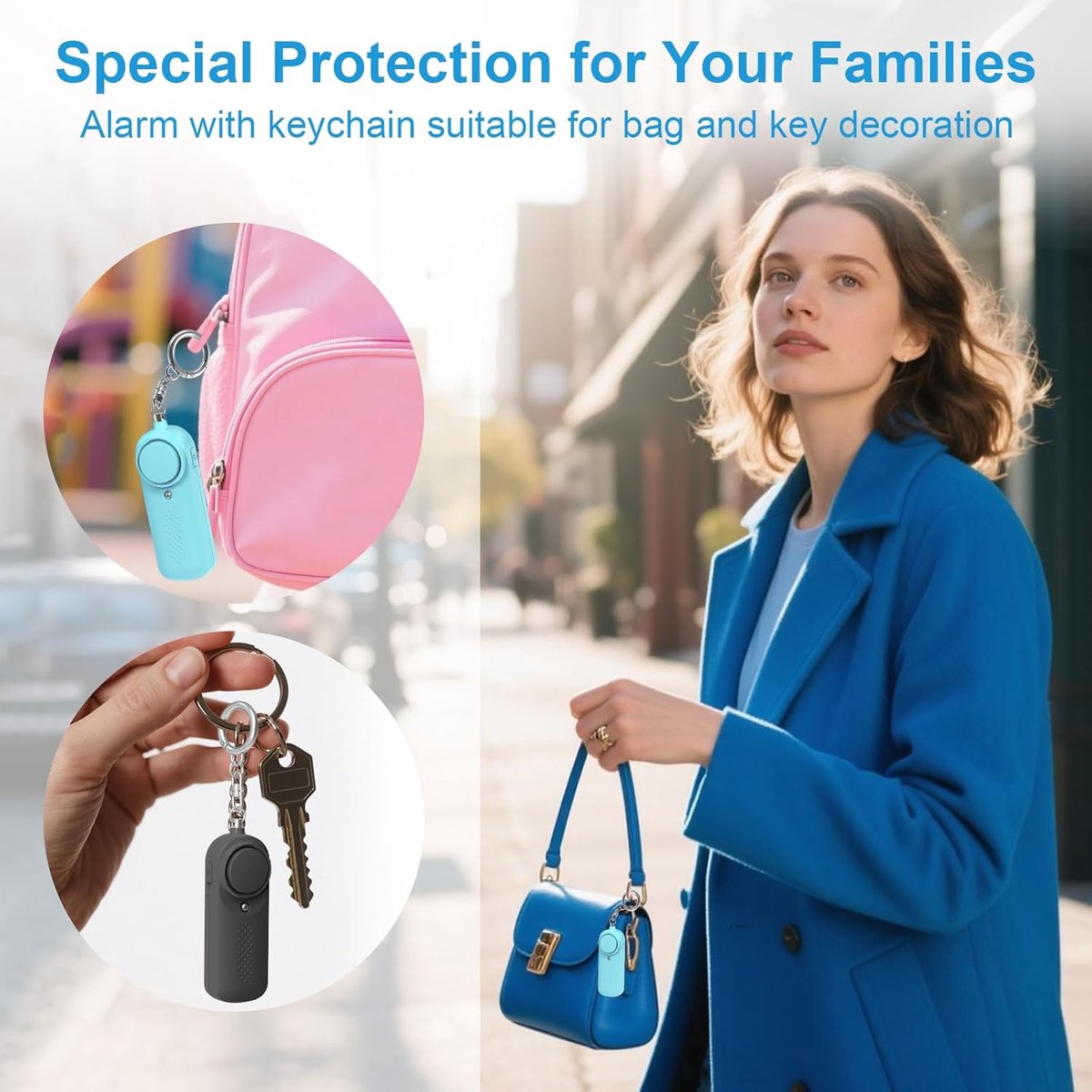 Pack of 2 personal alarms - Keychain - SOS button - 130 dB emergency signal - Personal safety alarm - Keychain with LED light for children, women and the elderly (black + blue) - Image 4