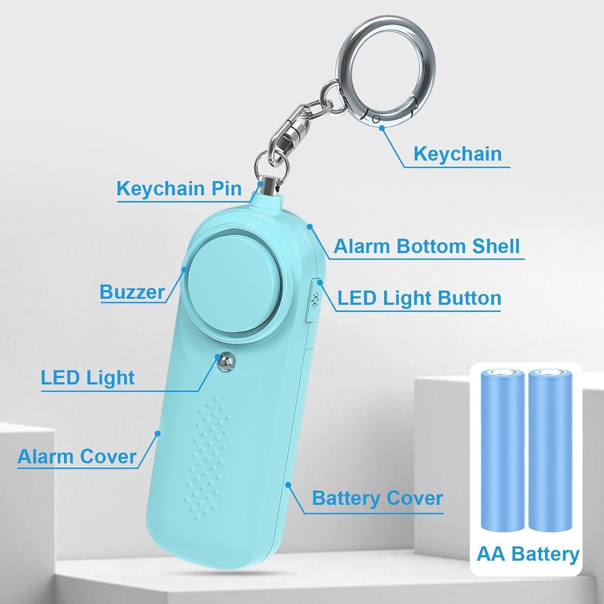 Pack of 2 personal alarms - Keychain - SOS button - 130 dB emergency signal - Personal safety alarm - Keychain with LED light for children, women and the elderly (black + blue) - Image 5