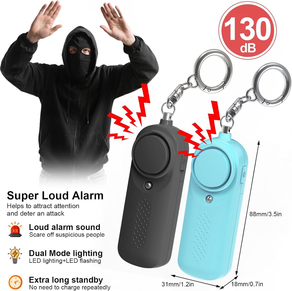 Pack of 2 personal alarms - Keychain - SOS button - 130 dB emergency signal - Personal safety alarm - Keychain with LED light for children, women and the elderly (black + blue) - Image 7