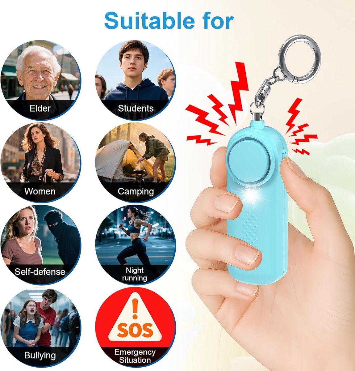 Pack of 2 personal alarms - Keychain - SOS button - 130 dB emergency signal - Personal safety alarm - Keychain with LED light for children, women and the elderly (black + blue) - Image 8