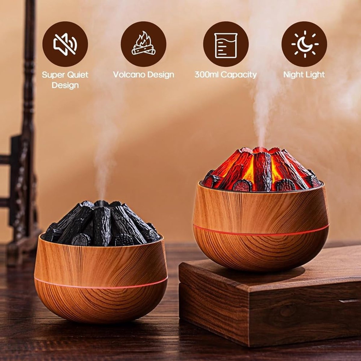 Aromatherapy Air Humidifier - Flame Effect Aromatherapy Diffuser - 300ml - Bedroom Humidifier - Campfire Shape - Small Ultra-Quiet USB Portable Humidifier for Home and Office (Light Color) - Image 7