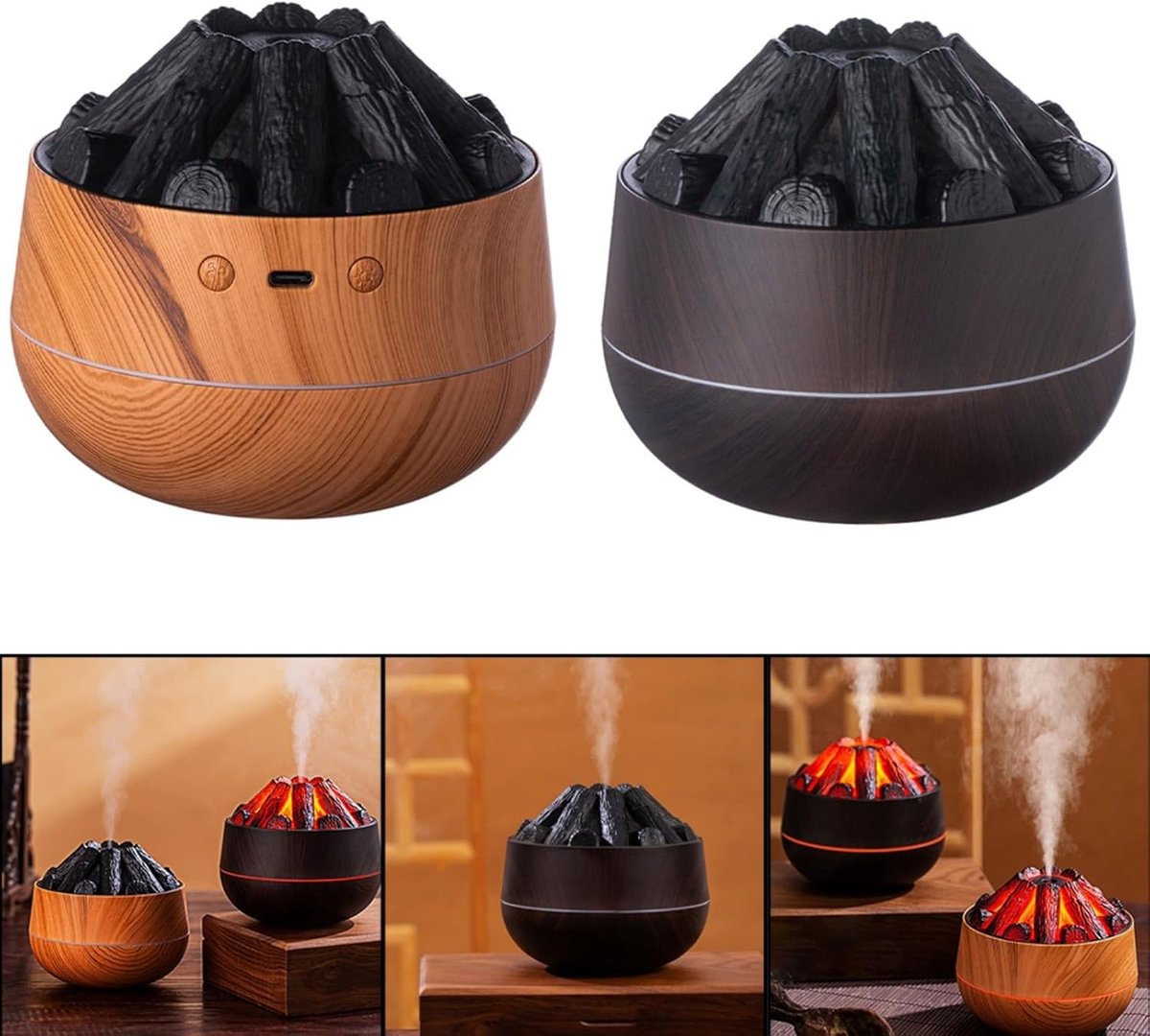 Aromatherapy Air Humidifier - Flame Effect Aromatherapy Diffuser - 300ml - Bedroom Humidifier - Campfire Shape - Small Ultra-Quiet USB Portable Humidifier for Home and Office (Dark) - Image 5