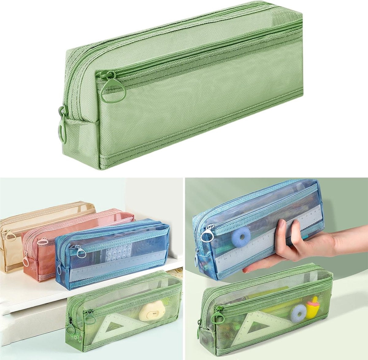 Double-layer mesh pencil case, large capacity pencil case, transparent pencil case for students, green - Image 4