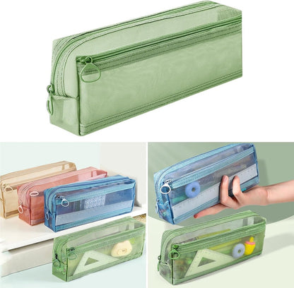Double-layer mesh pencil case, large capacity pencil case, transparent pencil case for students, green - Image 4