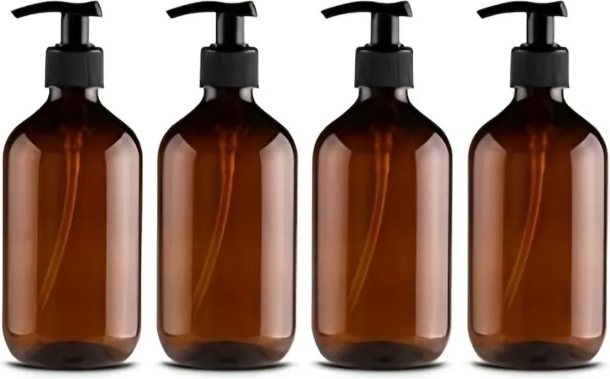 Set of 4 pump bottles 500 ML, transparent brown plastic soap dispenser, refillable shampoo bottle.