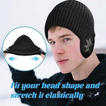 Beanie - Women's Beanie - Men's Beanie - Black Men's Beanie - Thick and Warm Knit Beanie - Unisex - Thermal Lining - With Ear Flaps - Ideal for Outdoor Activities - Camping - Sports - Gift Idea - Black - Image 3