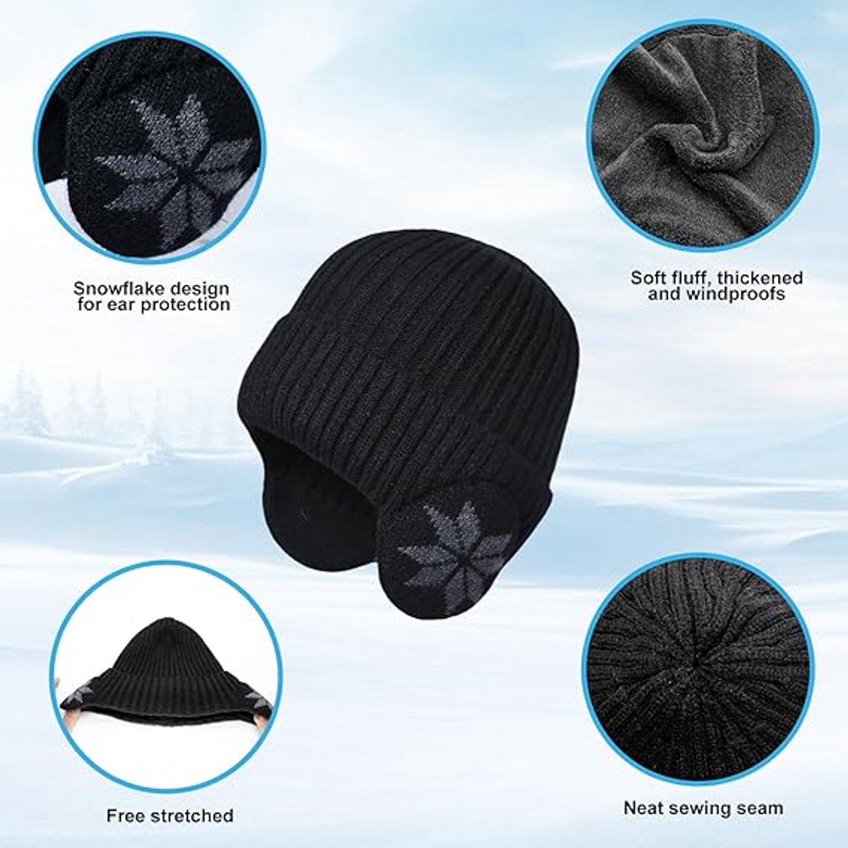 Beanie - Women's Beanie - Men's Beanie - Black Men's Beanie - Thick and Warm Knit Beanie - Unisex - Thermal Lining - With Ear Flaps - Ideal for Outdoor Activities - Camping - Sports - Gift Idea - Black - Image 4