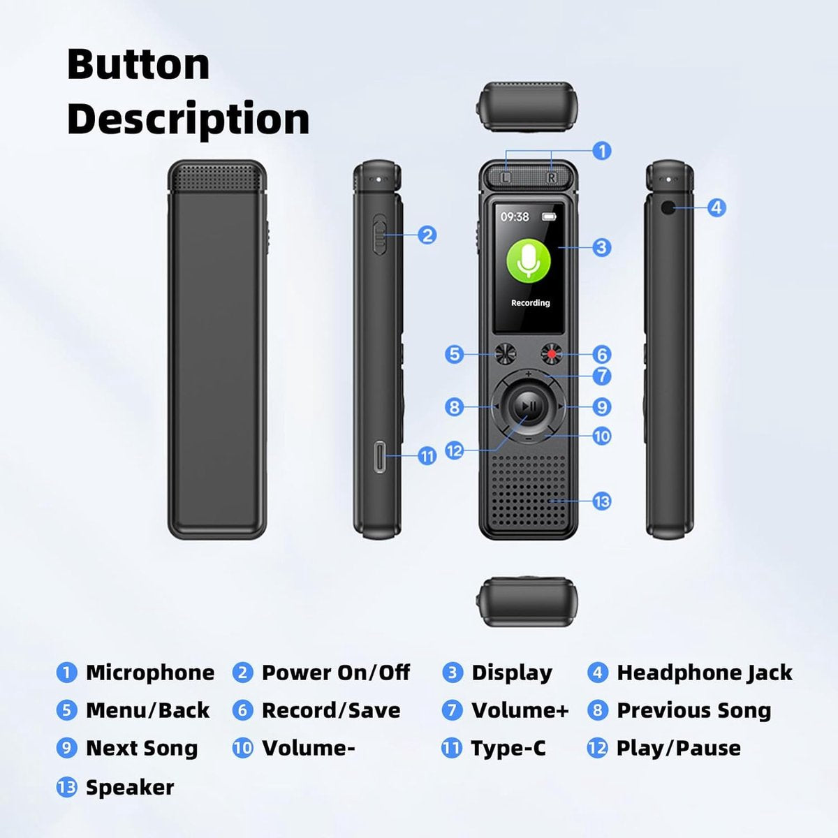 Voice Recorder - Dictaphone - Rechargeable - Portable - Clear Sound - Meetings, Interviews - 64 GB - Black - Image 2