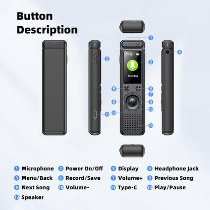 Voice Recorder - Dictaphone - Rechargeable - Portable - Clear Sound - Meetings, Interviews - 64 GB - Black - Image 2
