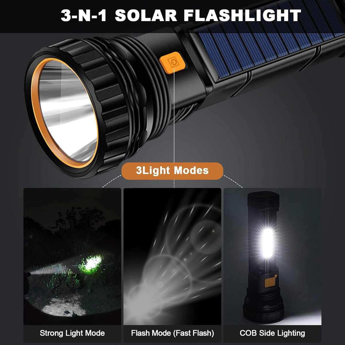 Solar Flashlight - Solar LED Flashlight - USB Rechargeable Solar Flashlight - Emergency Flashlight - 1200 mAh LED Flashlight with 3 Modes - Waterproof LED Flashlight Ideal for Outdoor Fishing Emergencies - Image 3