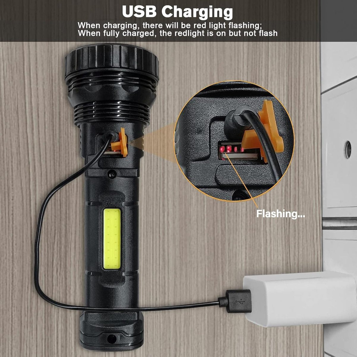 Solar Flashlight - Solar LED Flashlight - USB Rechargeable Solar Flashlight - Emergency Flashlight - 1200 mAh LED Flashlight with 3 Modes - Waterproof LED Flashlight Ideal for Outdoor Fishing Emergencies - Image 4