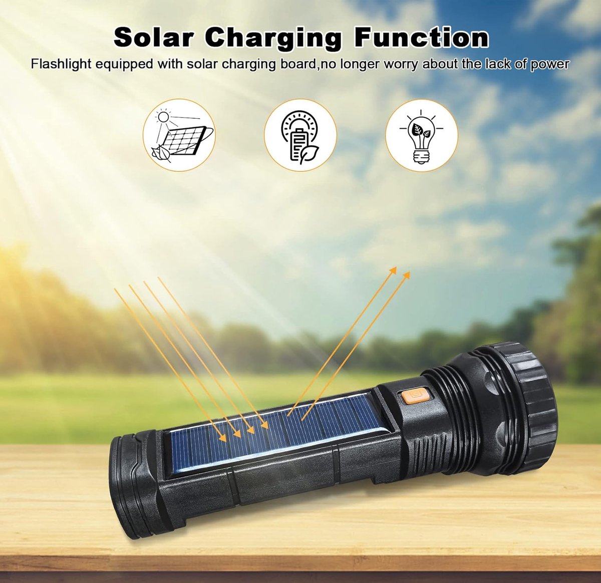 Solar Flashlight - Solar LED Flashlight - USB Rechargeable Solar Flashlight - Emergency Flashlight - 1200 mAh LED Flashlight with 3 Modes - Waterproof LED Flashlight Ideal for Outdoor Fishing Emergencies - Image 6