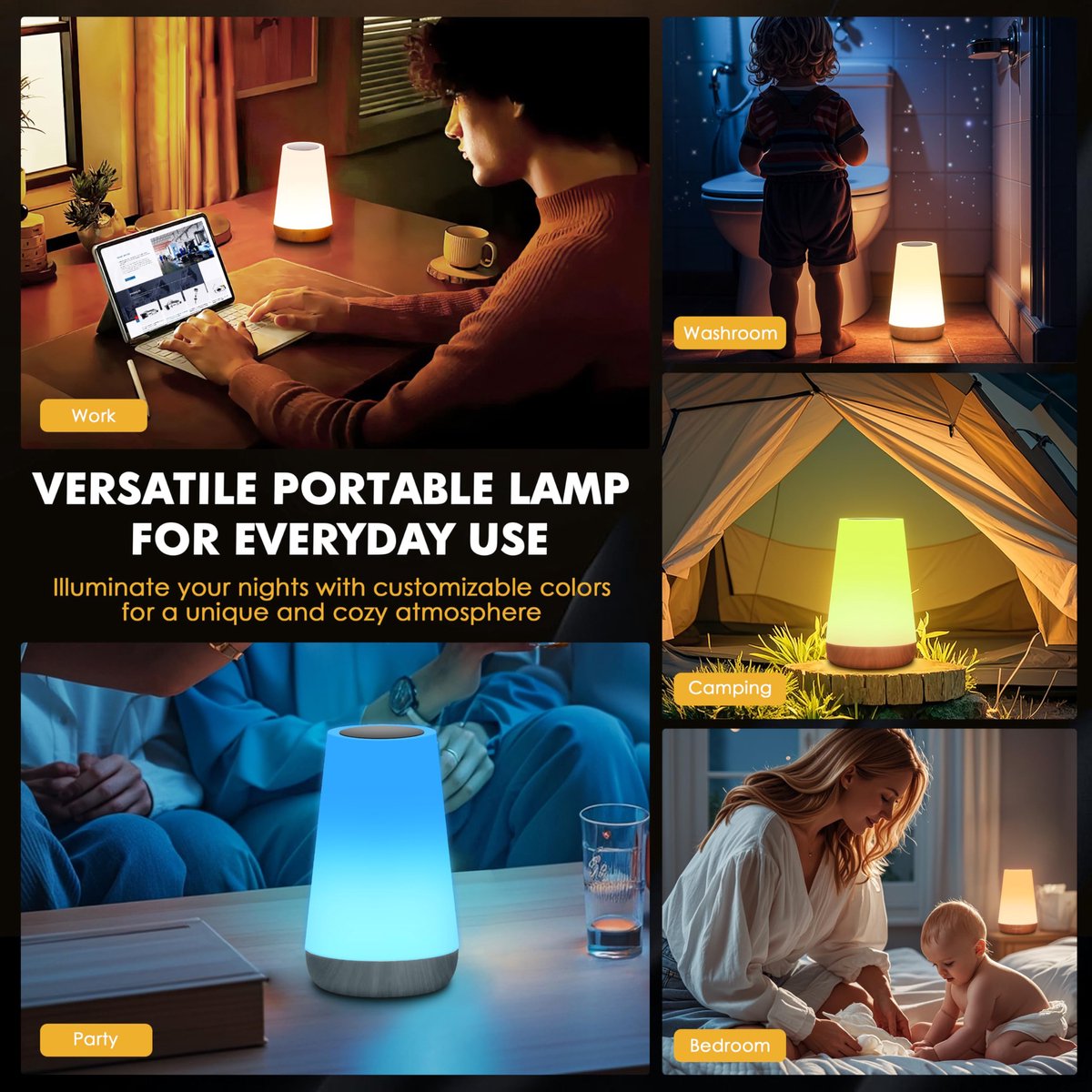 LED Table Lamp - Touch-Sensitive LED Bedside Lamp - Desk Lamp - Dimmable Remote Control with RGB Color Changing - USB Rechargeable - Portable Table Lamp - Bedroom, Living Room, Camping - Image 3