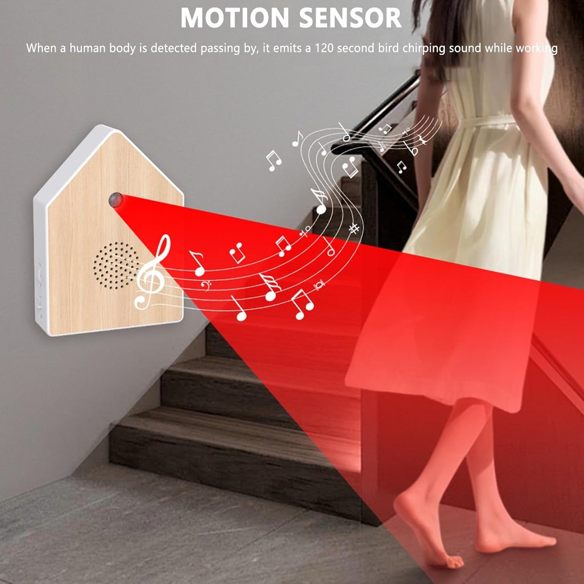 Motion detectors with nature sounds - Wall-mounted housing - Nature sounds - Birdsong - Songs - Suitable for hallways, bathrooms, guest rooms, toilets, and relaxation areas - Solid wood panels - Image 7