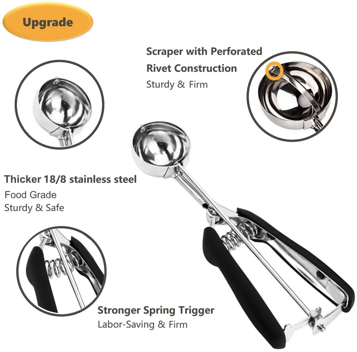 3-Piece Ice Cream Scoop Set - Stainless Steel Ice Cream Scoop - Ball Scoop - With Non-Slip Handle - For Fruit, Cookies, and Frozen Sorbets - Black - Image 4