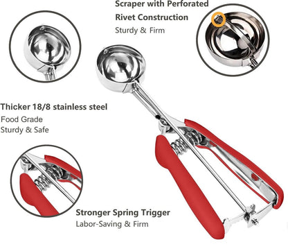 Ice Cream Scoop - Stainless Steel Ice Cream Scoop - Ball-Shaped Scoop - With Non-Slip Handle - For Fruit, Cookies, and Frozen Sorbets - Red - Image 2