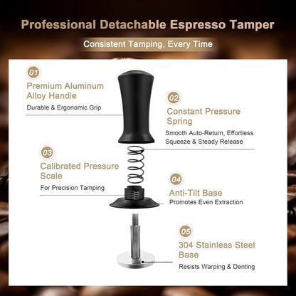 Tamper - Coffee tamper - Espresso tamper - 51 mm espresso tamper - Aluminum and stainless steel espresso tamper - Ergonomic self-leveling tamper - For baristas - Black - Image 5