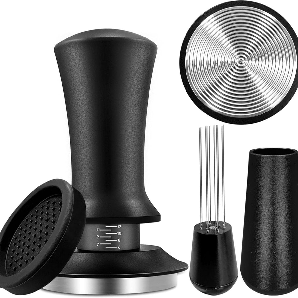 Tamper - Coffee tamper - Espresso tamper - 58 mm espresso tamper - Aluminum and stainless steel espresso tamper - Ergonomic self-leveling tamper - For baristas - Black