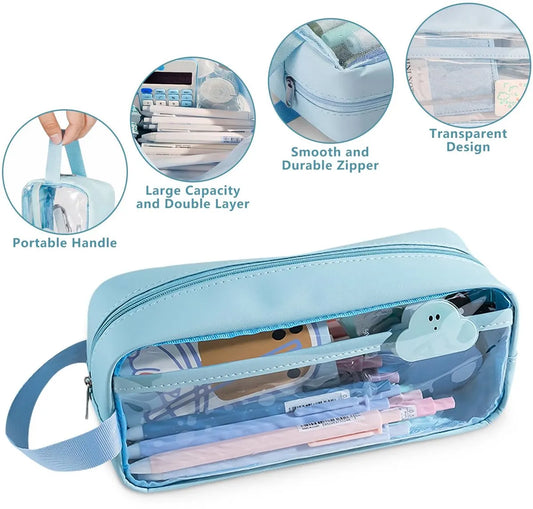 Transparent pencil case - Blue - Groot - 21 x 9 x 7 cm - For School, Boys, Girls and Adults - Pencil Case - Image 6