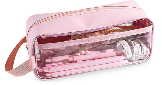 Transparent Pencil Case - Pink - Groot - 21 x 9 x 7 cm - For School, Boys, Girls and Adults - Pencil Case