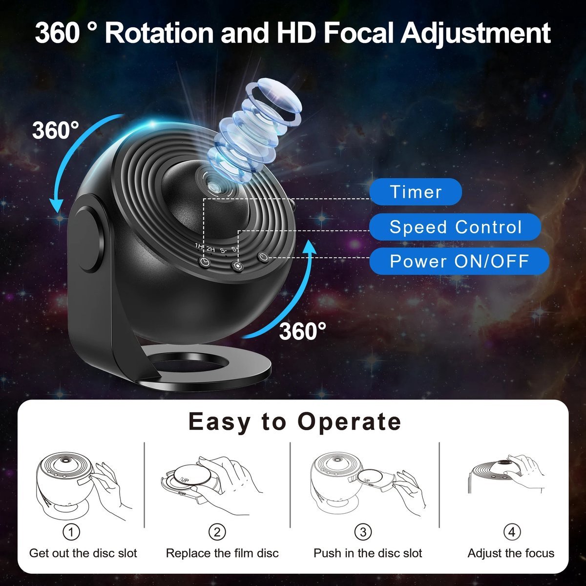 360° Starry Sky Night Projector with Solar System, Moon, Nebula, Galaxy, and Astronaut - Projector for Children and Adults - Mood Light - Bedroom Mood Light - Star Projector - Galaxy Projector - Starry Sky - White - Image 6