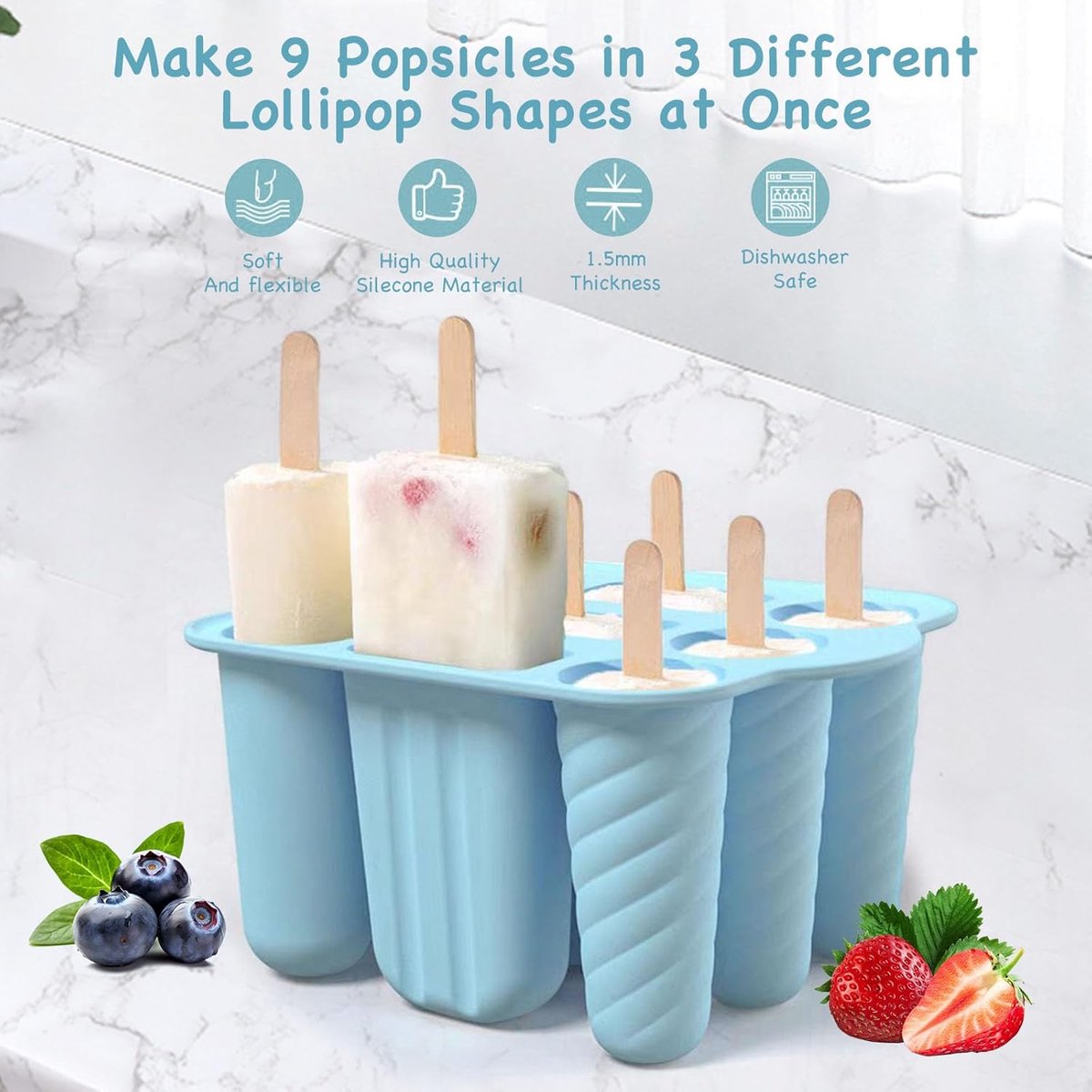 9-Cavity Ice Cream Mold - Silicone Ice Cream Mold - Ice Cream Mold - Reusable Ice Cream Mold - Easy to Disassemble - BPA-Free Ice Cream Maker for Kids - Ice Cream Mold - DIY Ice Cream Mold - Blue - Image 2