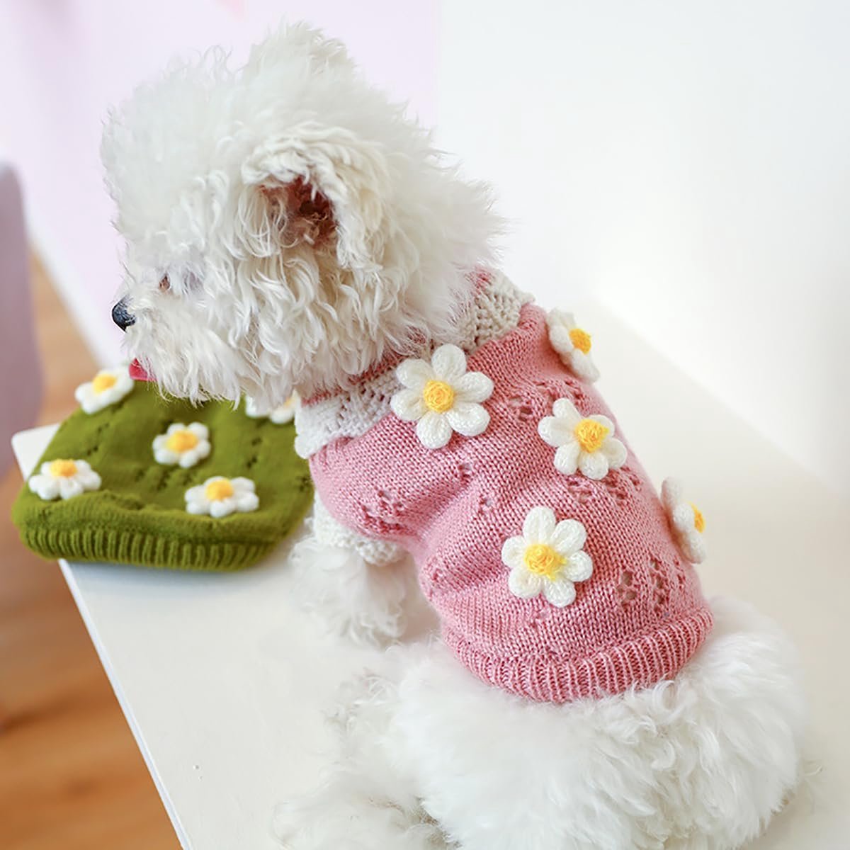 Dog Coat - Dog Sweater - Sweater for Small Dogs - Cute Floral Sweater for Girls - Winter Knitted Sweater - Lightweight and Warm Cat Sweater - Birthday, Party, Party Decoration, Christmas - Size L - Image 4