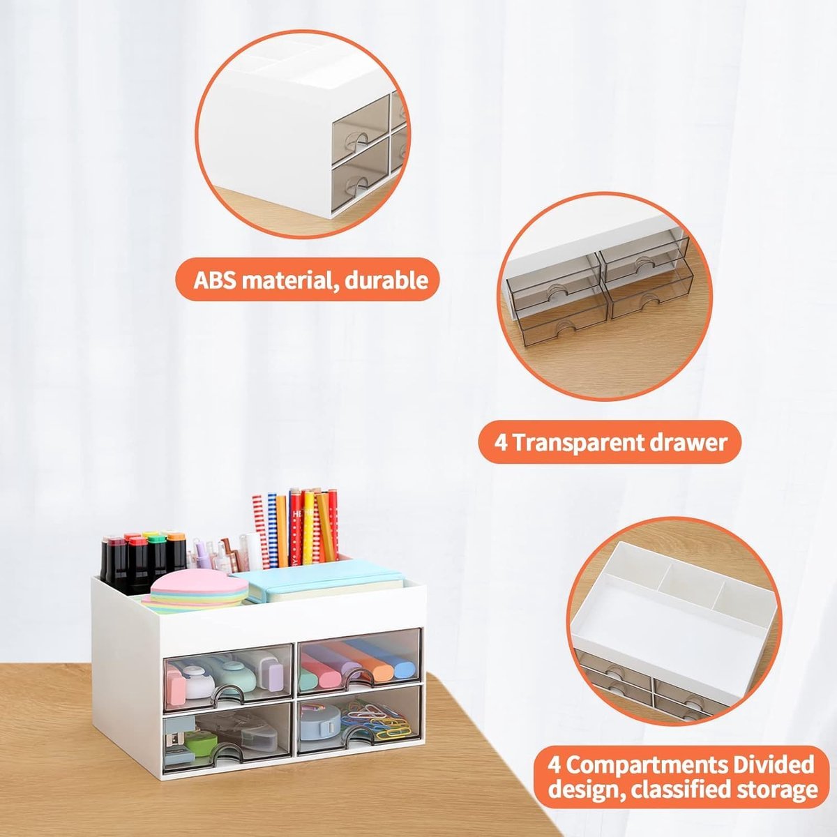 Multifunctional desk organizer with 4 drawers and pen holders, makeup organizer, for teachers, office, school, home, table decoration, white - Image 2