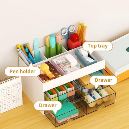 Multifunctional desk organizer with 4 drawers and pen holders, makeup organizer, for teachers, office, school, home, table decoration, white - Image 3