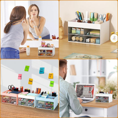 Multifunctional desk organizer with 4 drawers and pen holders, makeup organizer, for teachers, office, school, home, table decoration, white - Image 4