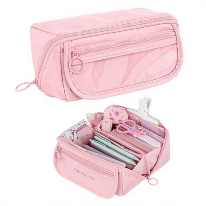 Pencil case - Pencil case for boys and girls - 20x8.5x8.5 cm - Canvas - Linen - Large capacity - School pencil case - pink