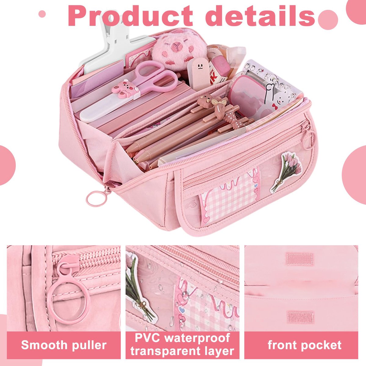 Pencil case - Pencil case for boys and girls - 20x8.5x8.5 cm - Canvas - Linen - Large capacity - School pencil case - pink - Image 2