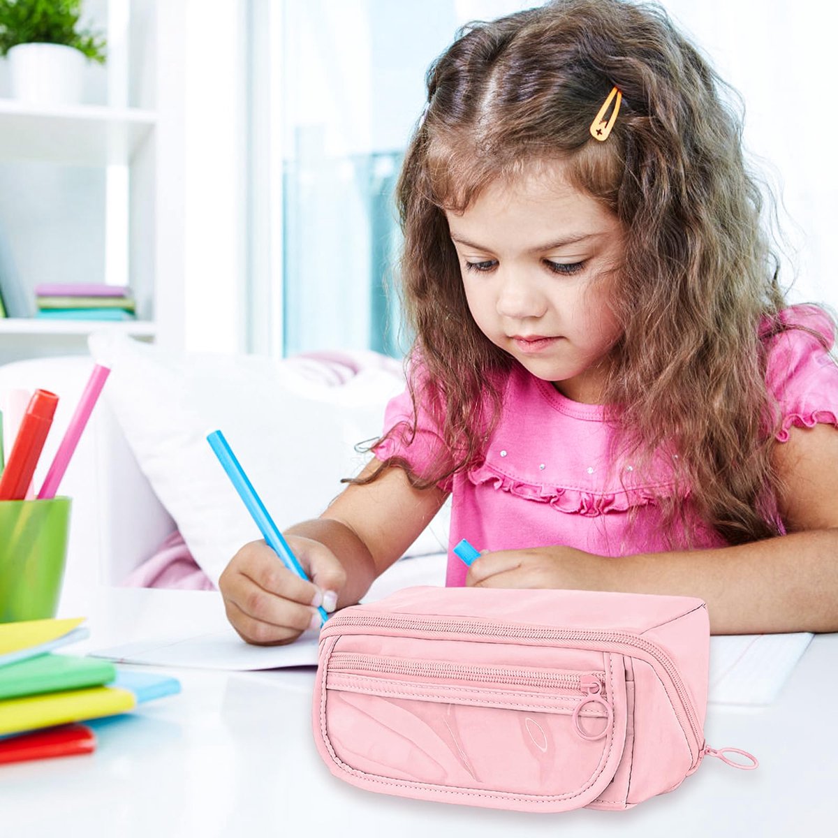 Pencil case - Pencil case for boys and girls - 20x8.5x8.5 cm - Canvas - Linen - Large capacity - School pencil case - pink - Image 4