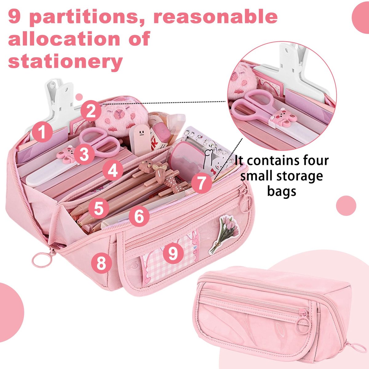 Pencil case - Pencil case for boys and girls - 20x8.5x8.5 cm - Canvas - Linen - Large capacity - School pencil case - pink - Image 7