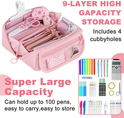 Pencil case - Pencil case for boys and girls - 20x8.5x8.5 cm - Canvas - Linen - Large capacity - School pencil case - pink - Image 8