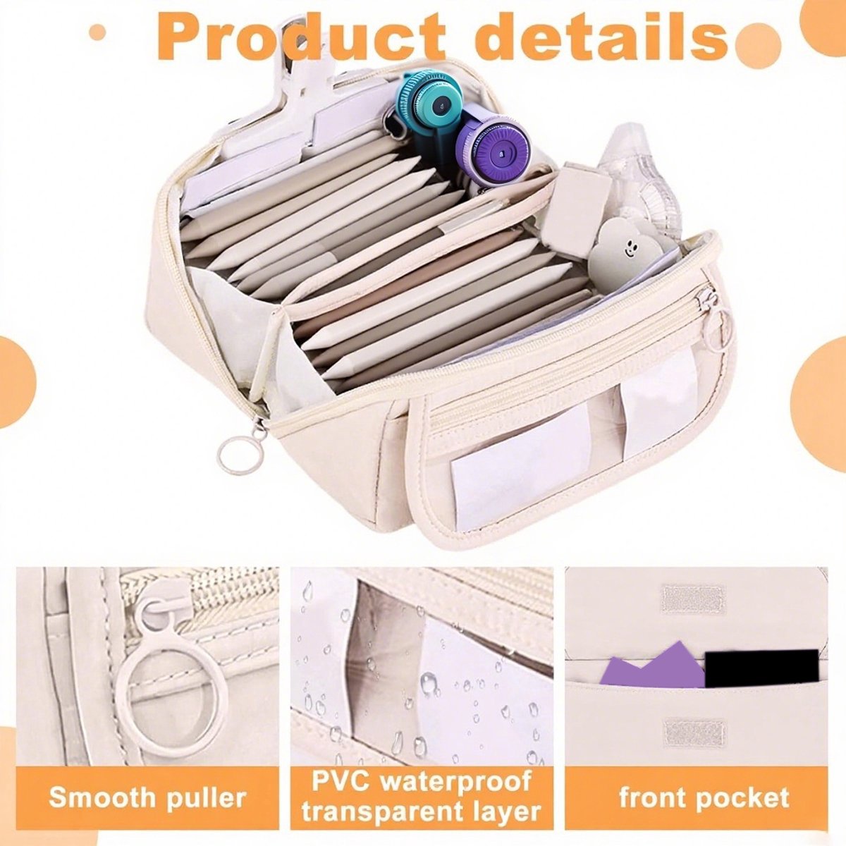 Pencil case - Pencil case for boys and girls - 20x8.5x8.5 cm - Canvas - Linen - Large capacity - School pencil case - Beige - Image 2