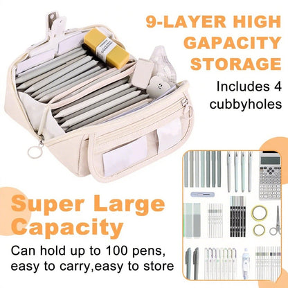 Pencil case - Pencil case for boys and girls - 20x8.5x8.5 cm - Canvas - Linen - Large capacity - School pencil case - Beige - Image 8
