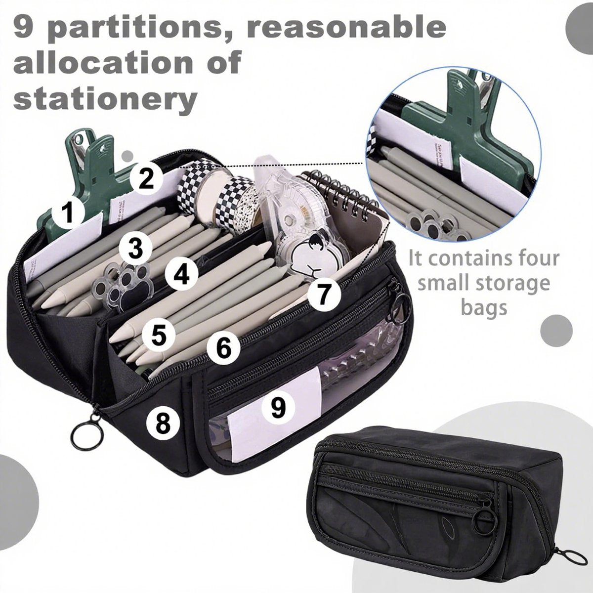 Pencil case - Pencil case for boys and girls - 20x8.5x8.5 cm - Canvas - Linen - Large capacity - School pencil case - black - Image 3