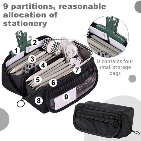 Pencil case - Pencil case for boys and girls - 20x8.5x8.5 cm - Canvas - Linen - Large capacity - School pencil case - black - Image 3