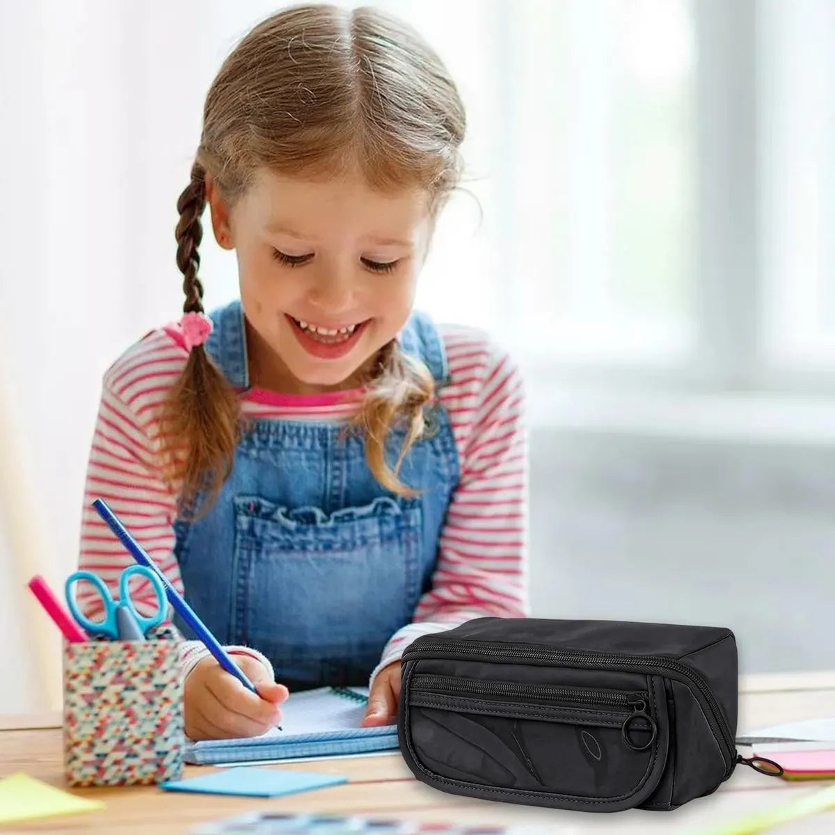 Pencil case - Pencil case for boys and girls - 20x8.5x8.5 cm - Canvas - Linen - Large capacity - School pencil case - black - Image 5