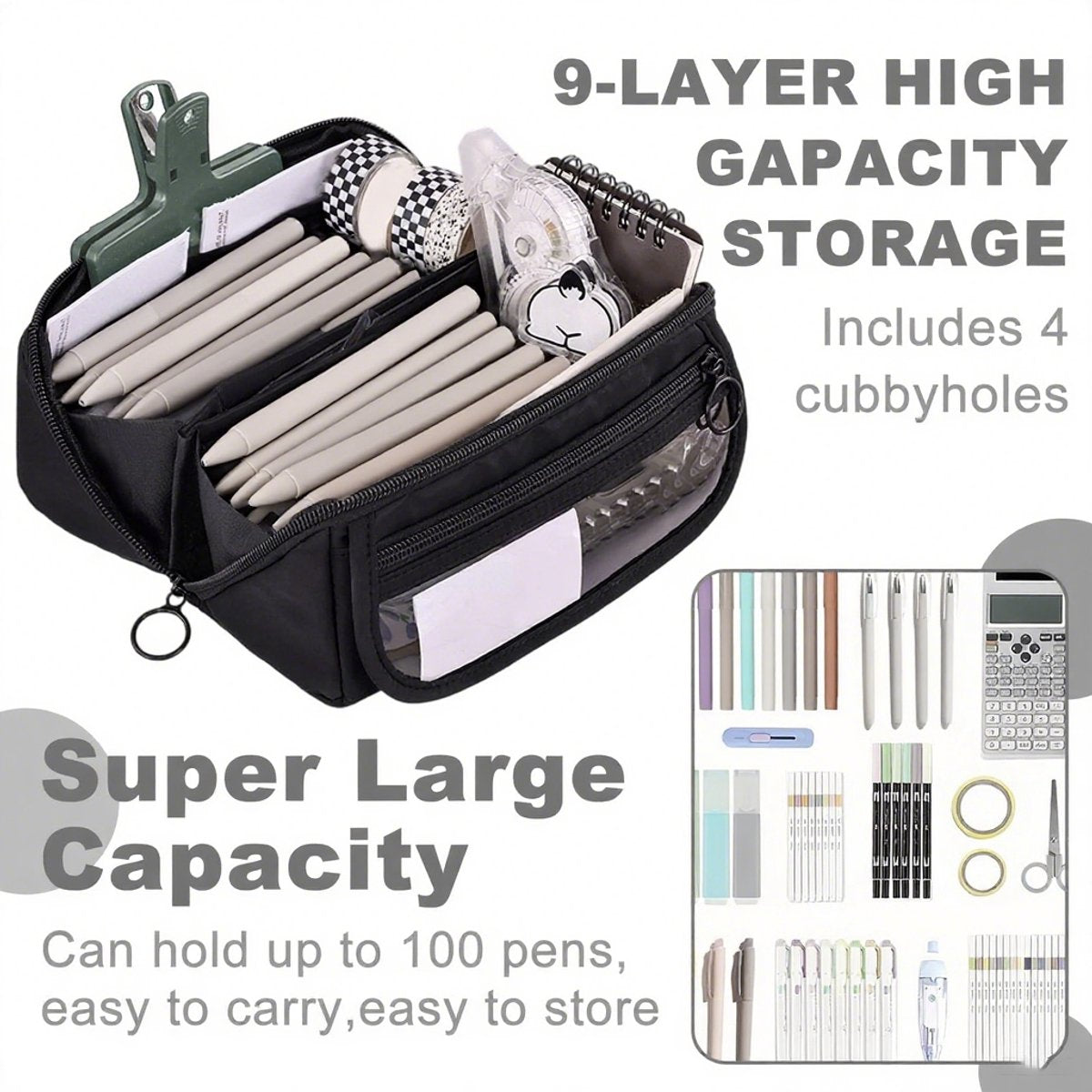 Pencil case - Pencil case for boys and girls - 20x8.5x8.5 cm - Canvas - Linen - Large capacity - School pencil case - black - Image 7